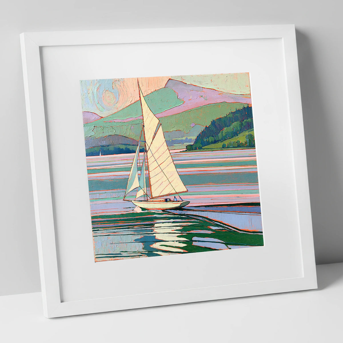 Sailboat on a Pastel Lake lake district walking art print in white frame