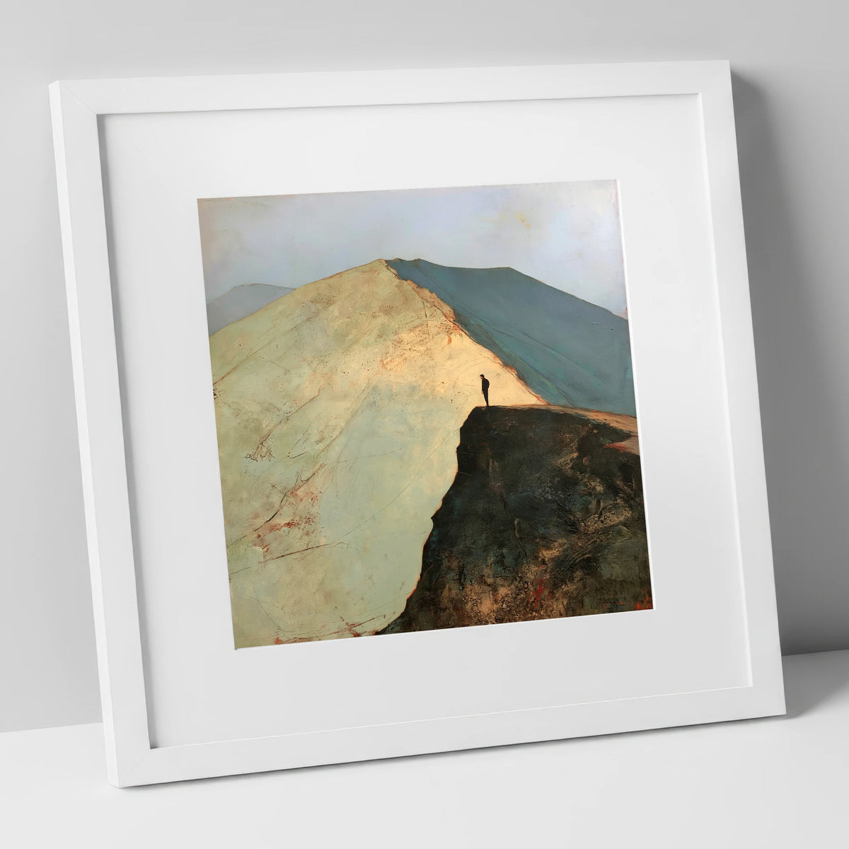 Walker on Striding Edge Helvellyn lake district walking art print in white frame
