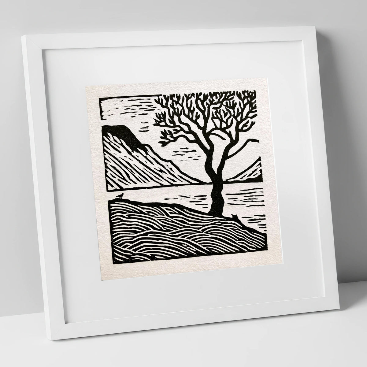 Monochrome Wasdale Fells and Tree lake district valley art print in white frame