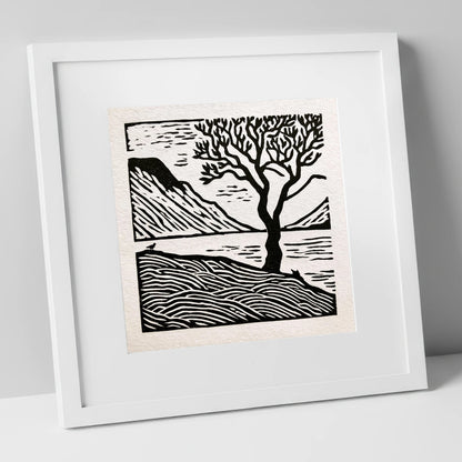 Monochrome Wasdale Fells and Tree lake district valley art print in white frame