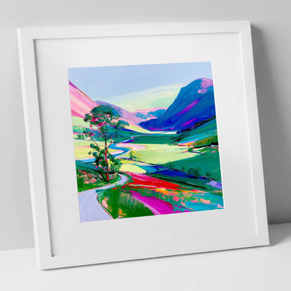Vibrant Valley Road Beneath Pink Fells lake district valley art print in white frame
