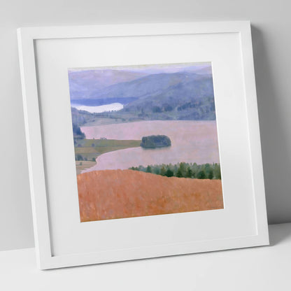 Grasmere Lake in Dusky Pink lake district lake art print in white frame