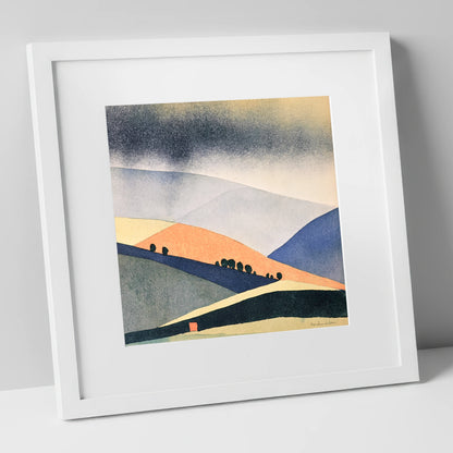 Rolling Fells in Terracotta and Indigo lake district fell art print in white frame