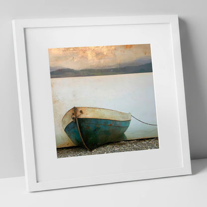 Grounded Boat on Misty Windermere lake district lake art print in white frame