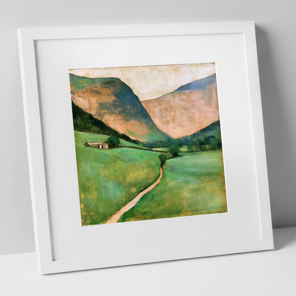 Green Valley Beneath Warm Fells lake district valley art print in white frame