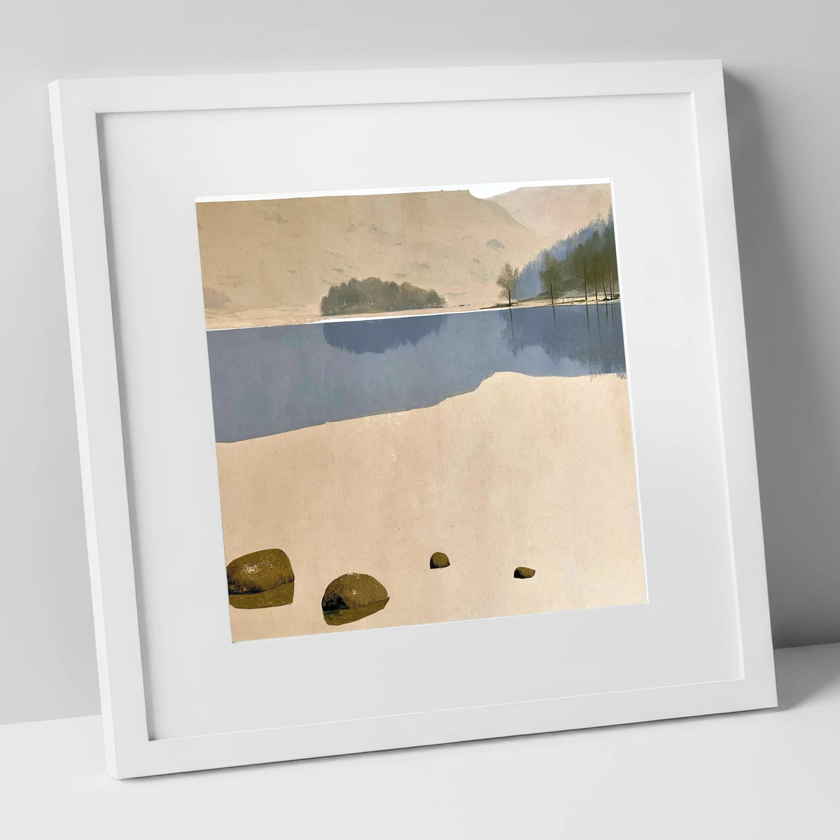 Mossy Boulders at Rydal Water lake district lake art print in white frame