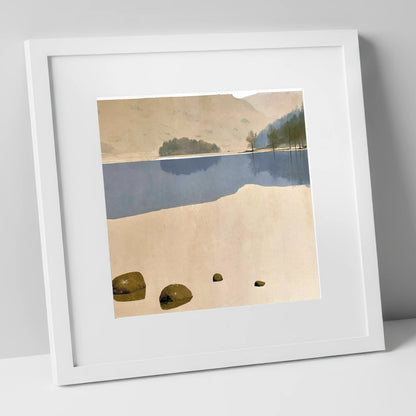 Mossy Boulders at Rydal Water lake district lake art print in white frame