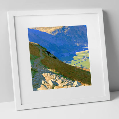 Stony Descent to Patterdale Valley lake district village art print in white frame