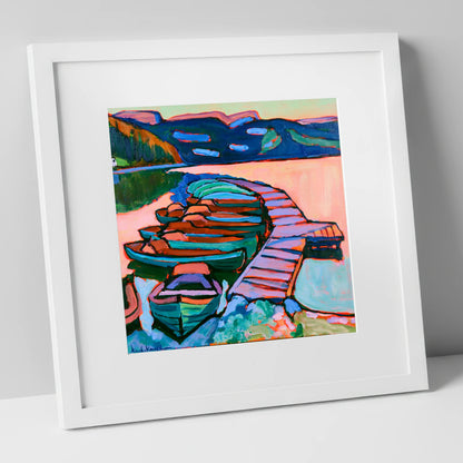 Bold Windermere Boats and Jetty lake district lake art print in white frame