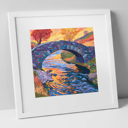 Stone Bridge over a Golden Beck lake district waterfall art print in white frame