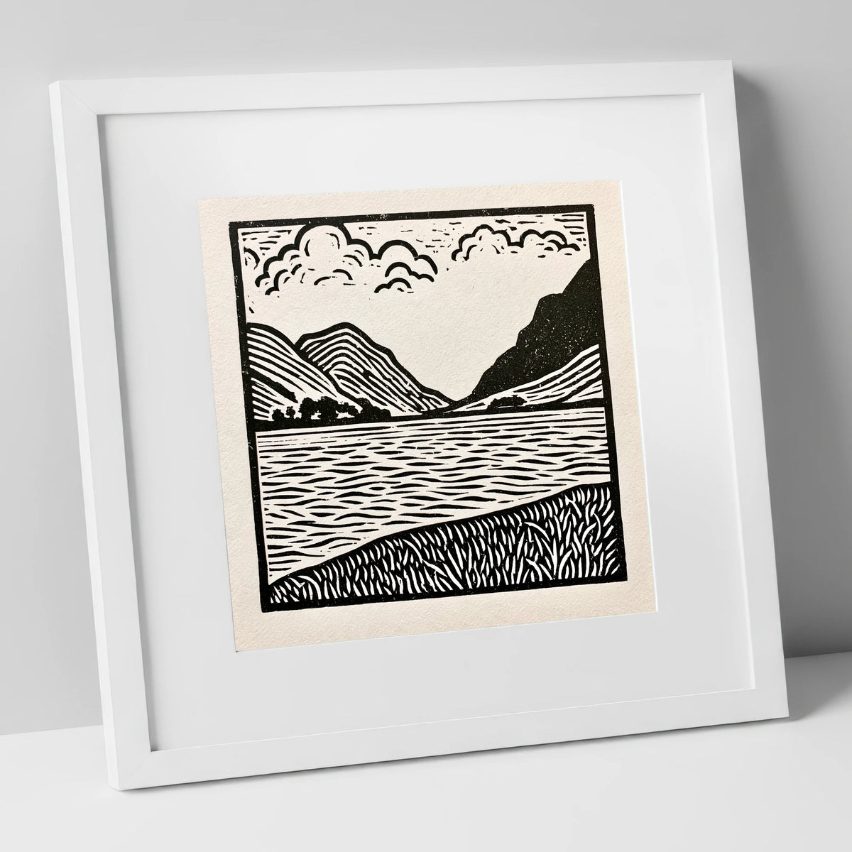 Ullswater in Monochrome lake district lake art print in white frame