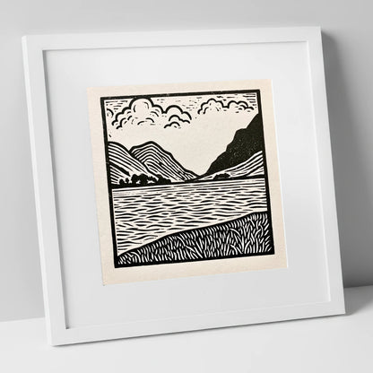 Ullswater in Monochrome lake district lake art print in white frame
