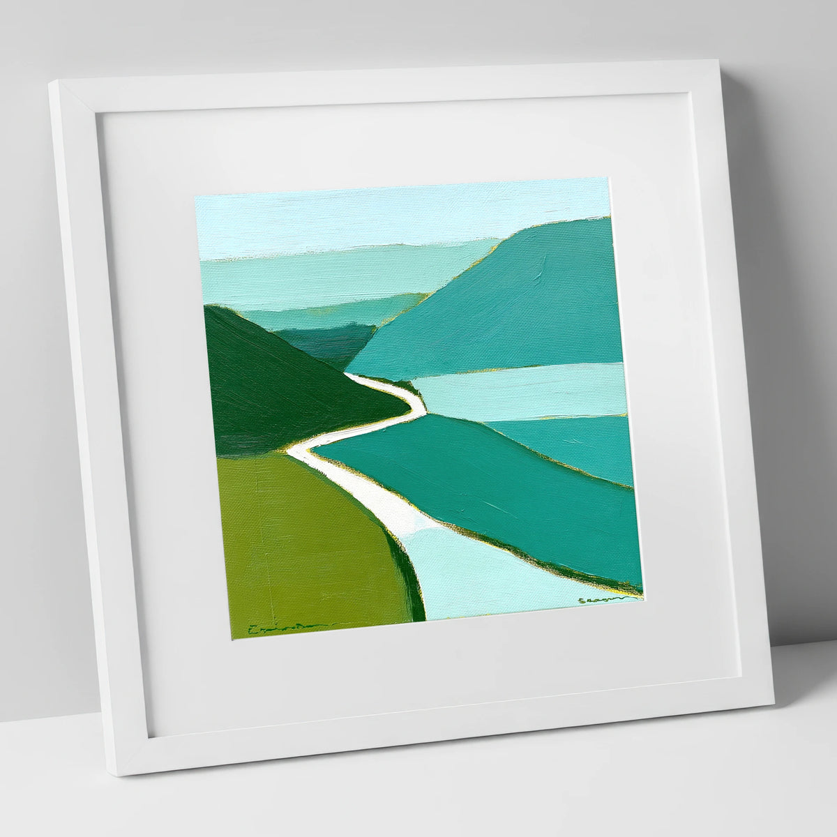 Winding Mountain Pass in Teal lake district valley art print in white frame