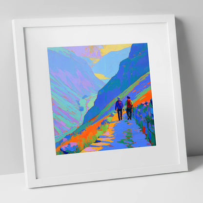 Walkers on a Colourful Mountain Path lake district walking art print in white frame