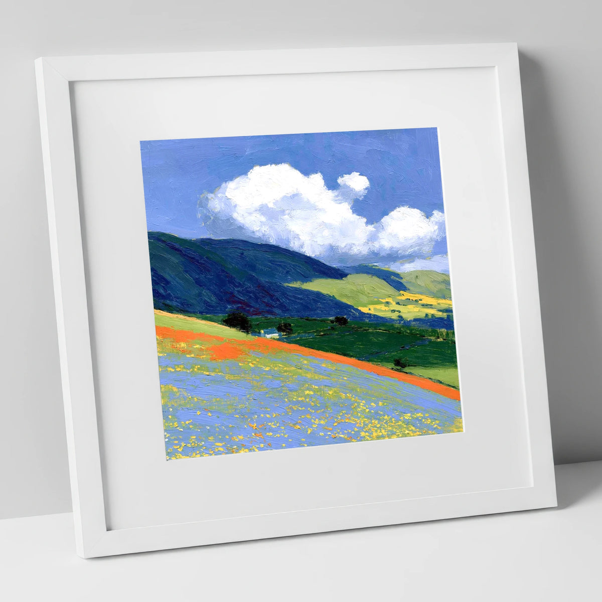 Rolling Fells Under Bright Clouds lake district fell art print in white frame