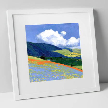 Rolling Fells Under Bright Clouds lake district fell art print in white frame