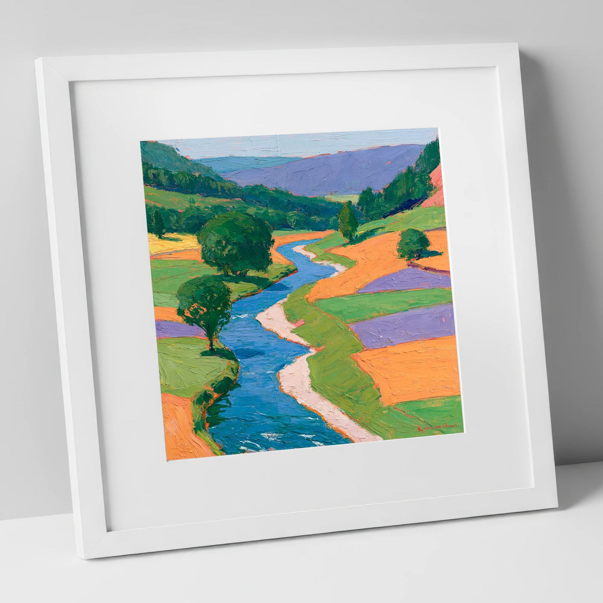 Electric Blue Winding River Valley lake district waterfall art print in white frame