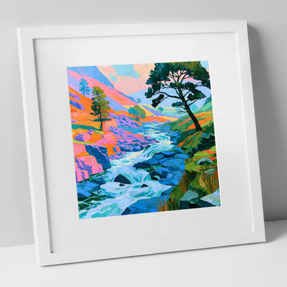 Colourful Rushing Fellside Beck lake district waterfall art print in white frame
