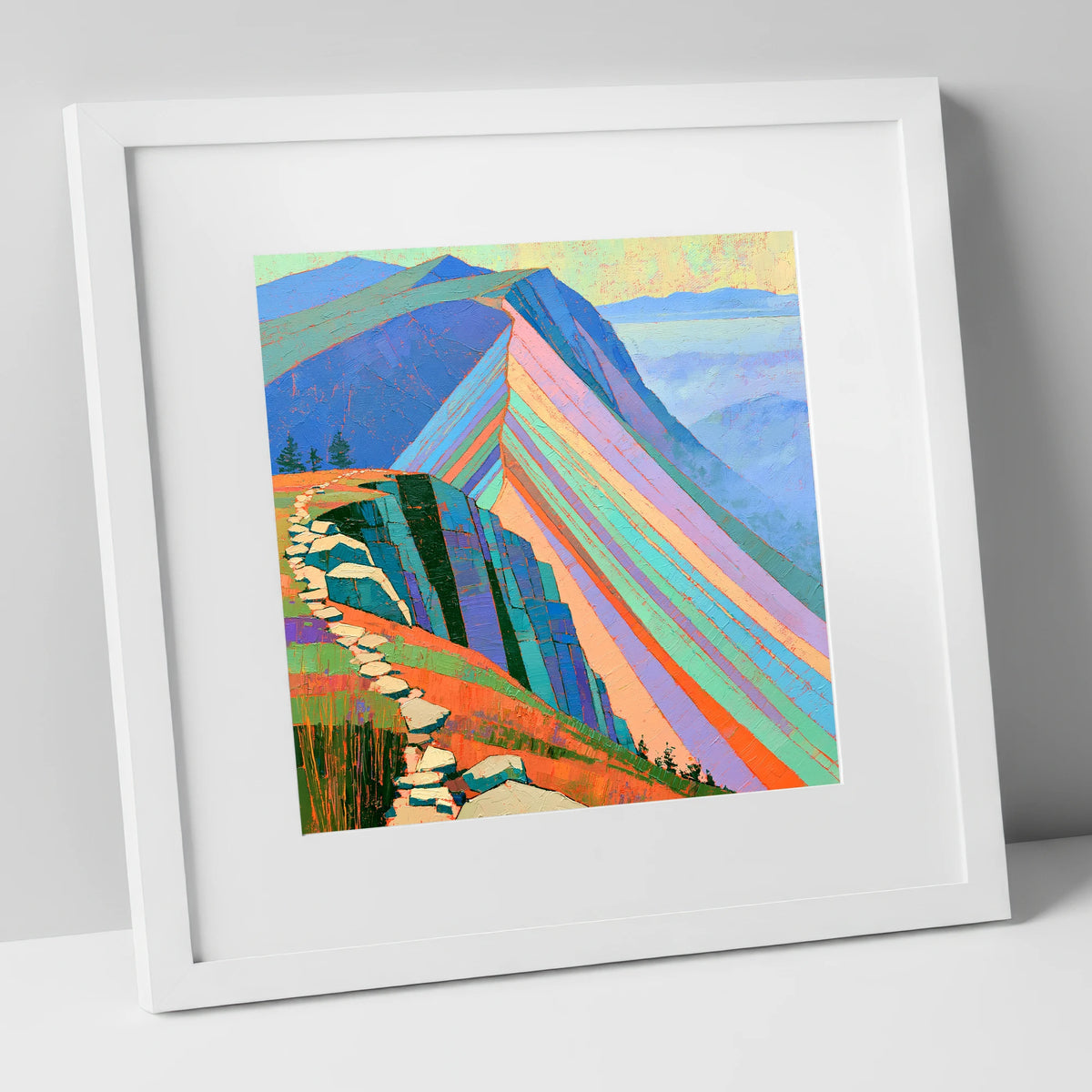 Colourful Striated Mountain Ridge lake district fell art print in white frame