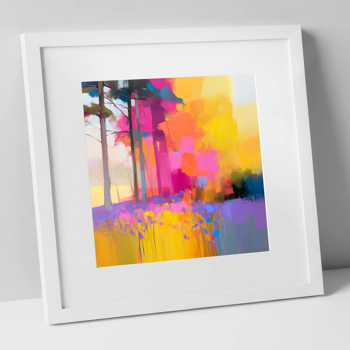 Vivid Bluebell Woods lake district wildflower art print in white frame