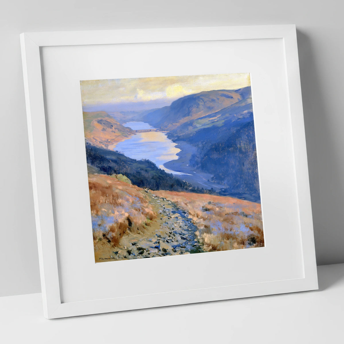 Sunlit Thirlmere from Helvellyn Path lake district lake art print in white frame