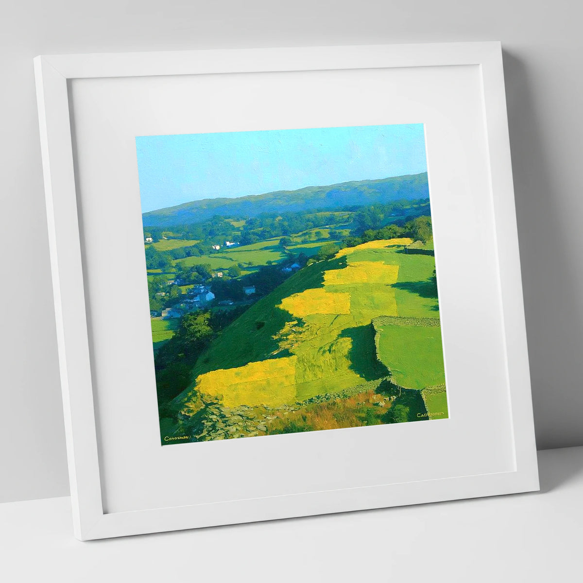 Sunlit Patchwork on Baystones Ridge lake district fell art print in white frame