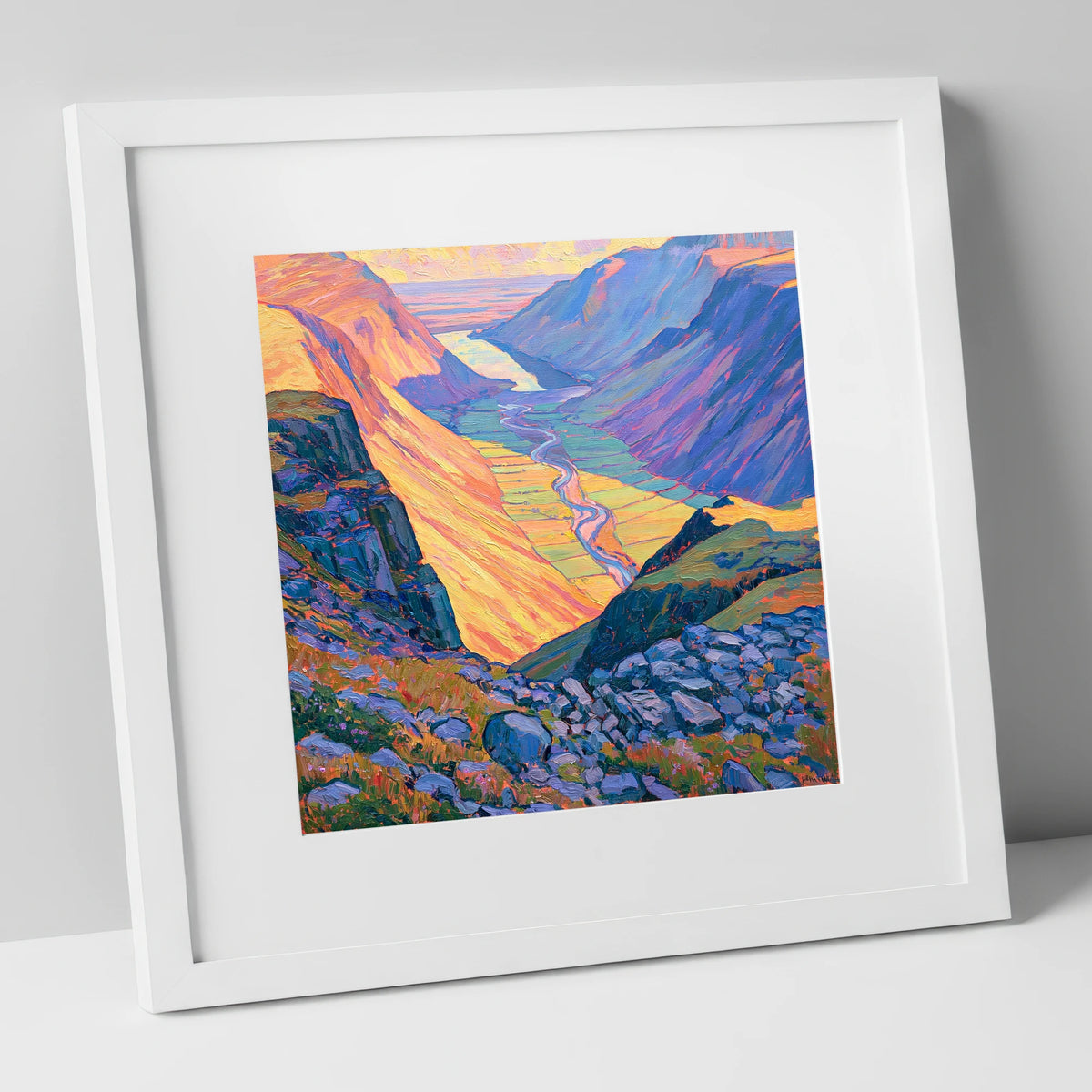 Vibrant Wasdale from Great Gable lake district fell art print in white frame