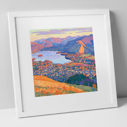 Vibrant Keswick and Derwentwater lake district village art print in white frame