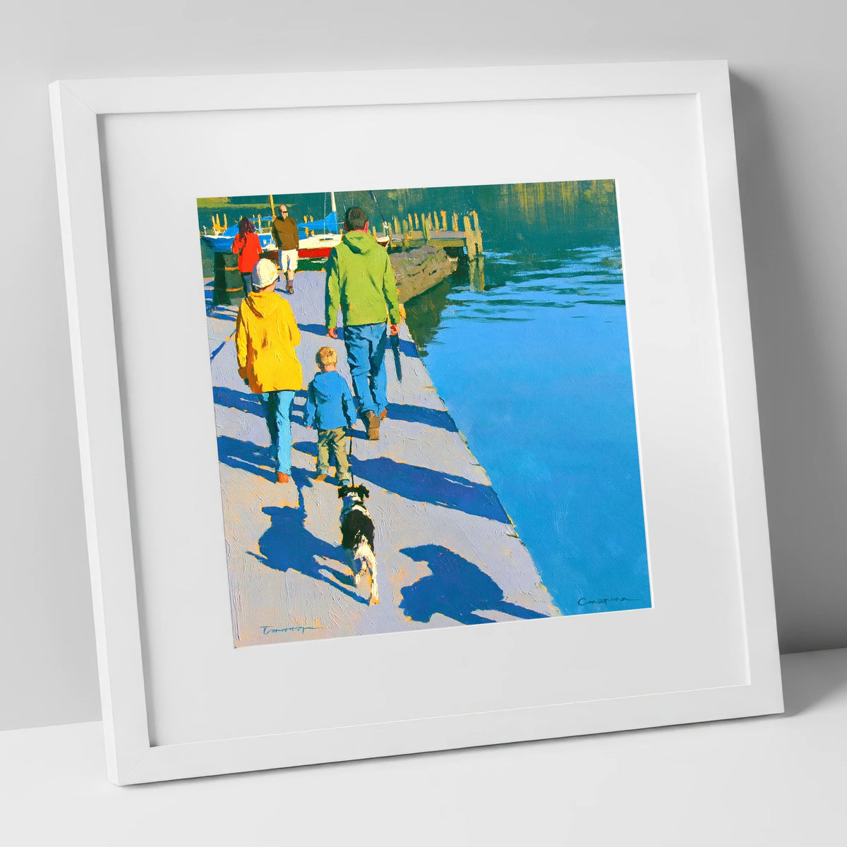 Vibrant Ambleside Family Dog Walk gifts for dog walkers art print in white frame