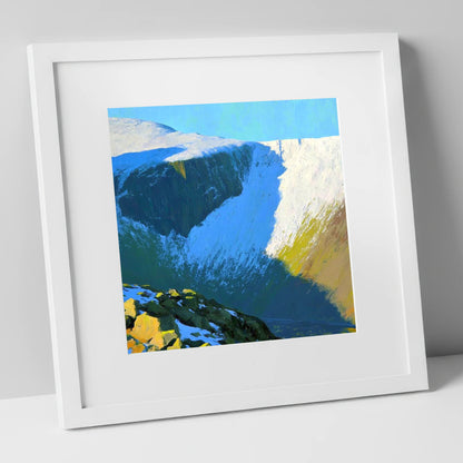 Sunlit Snow on Lingmell Crags lake district fell art print in white frame