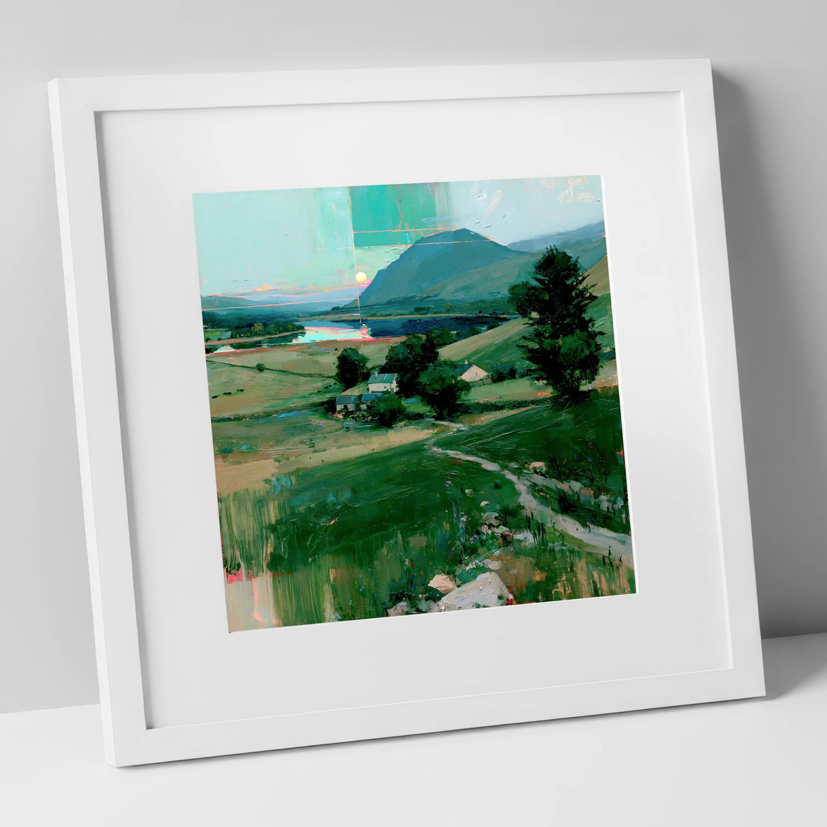 Neon Sunrise Over Lakeland Valley lake district lake art print in white frame