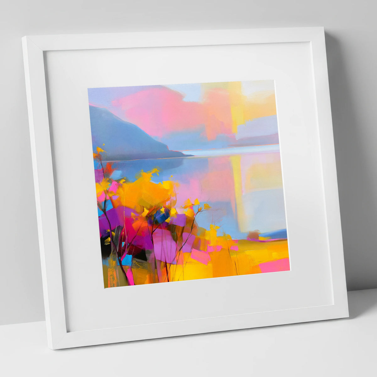 Vibrant Gorse Above the Lake lake district wildflower art print in white frame