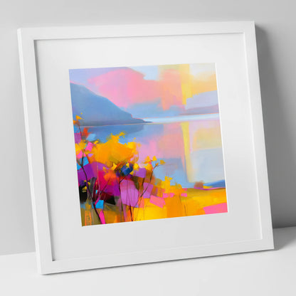 Vibrant Gorse Above the Lake lake district wildflower art print in white frame