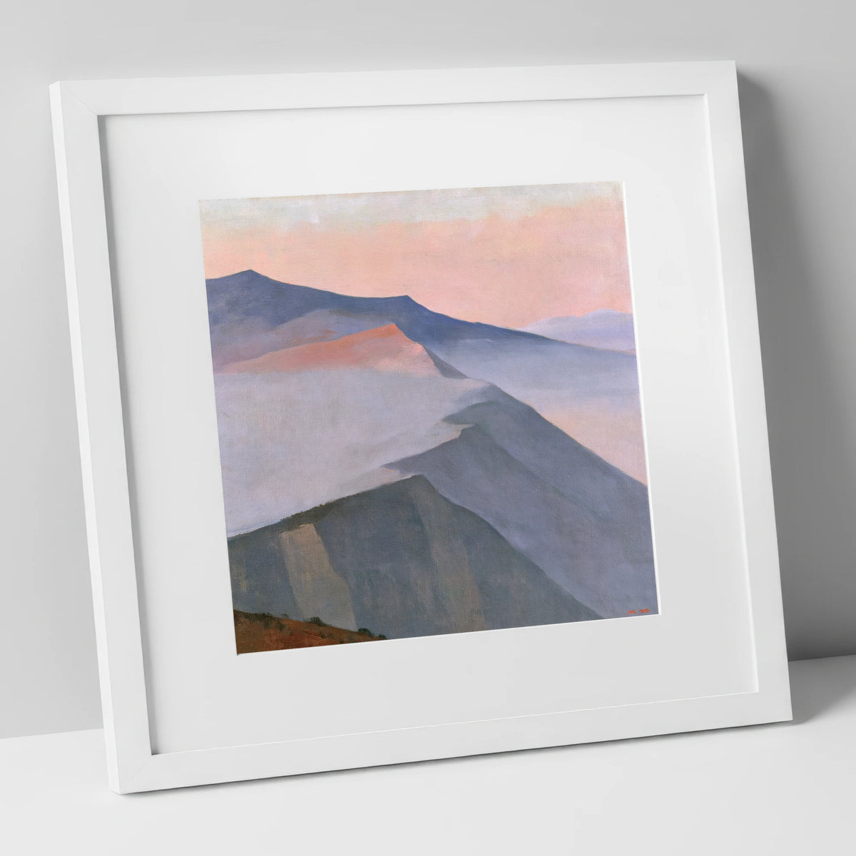 Pastel Mountain Ridge in Mist lake district fell art print in white frame