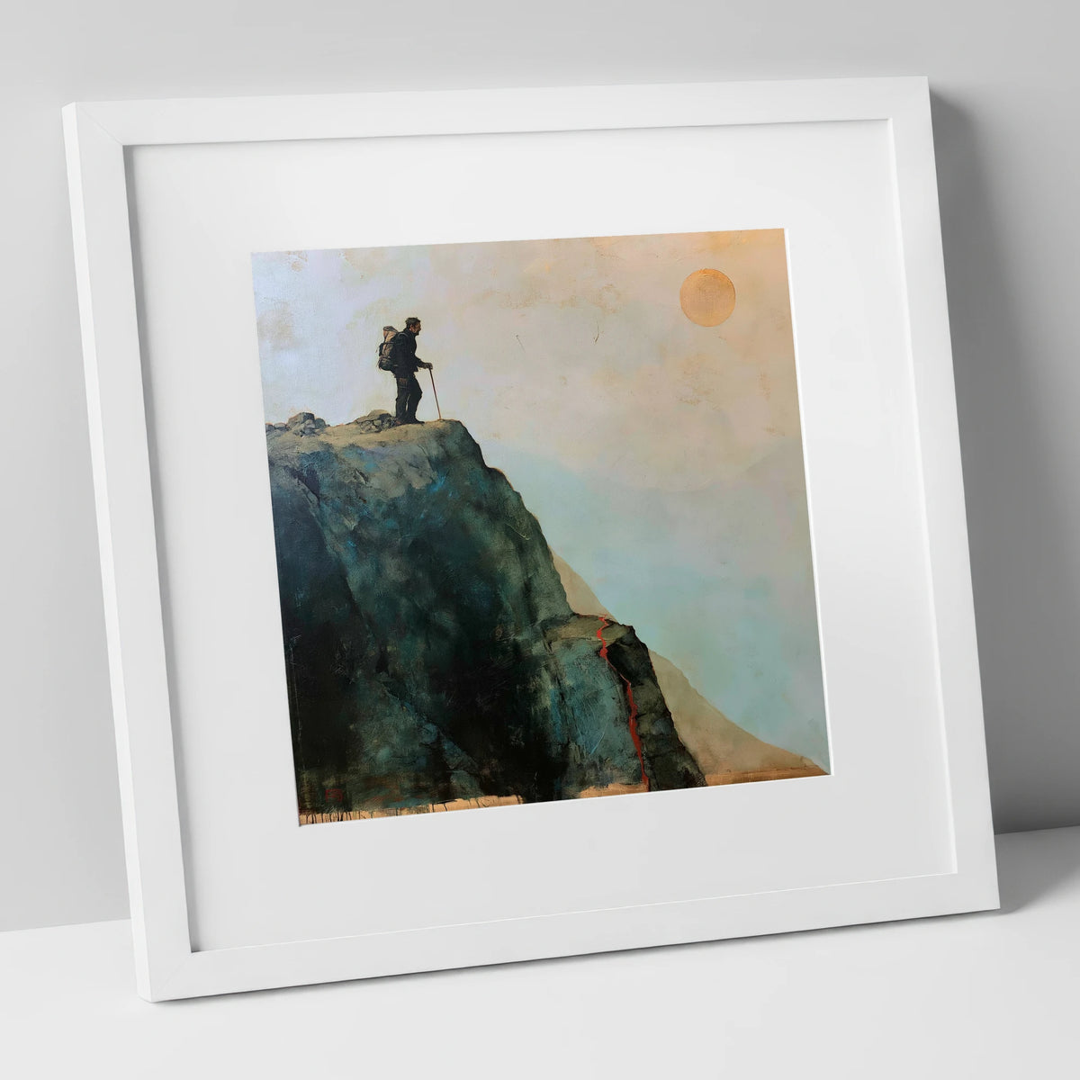Striding Edge Silhouette and Golden Sun lake district walking art print in white frame