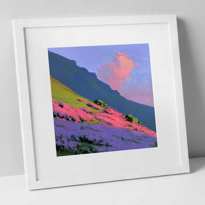 Vibrant Pink Heather Fellside flowers & fellsides art print in white frame