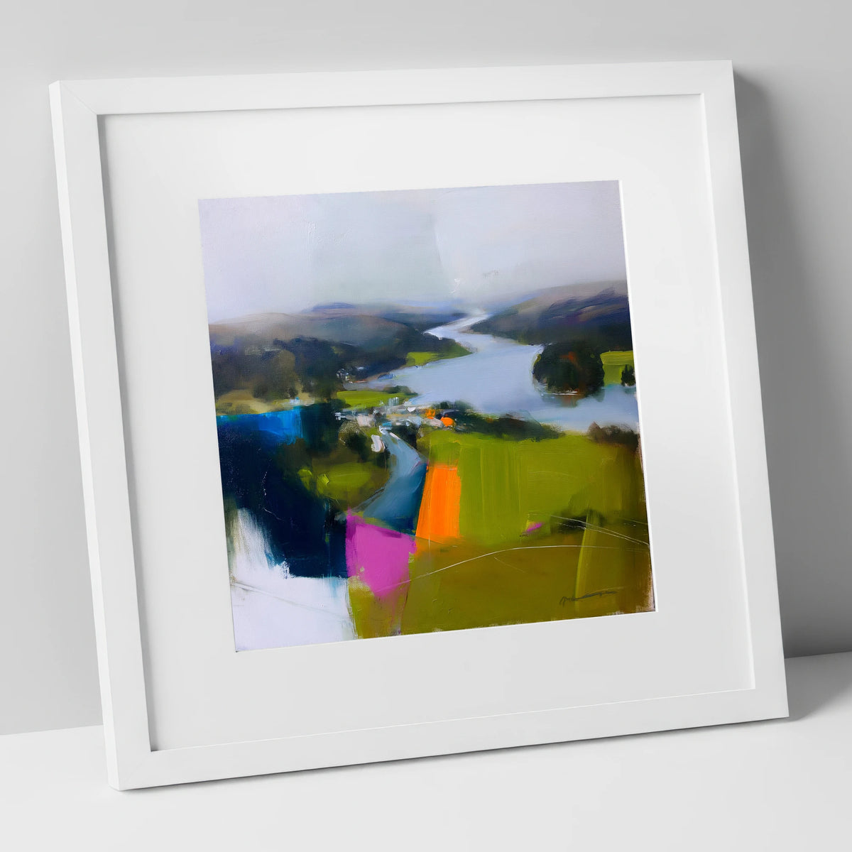 Vibrant Ambleside Lake View lake district village art print in white frame
