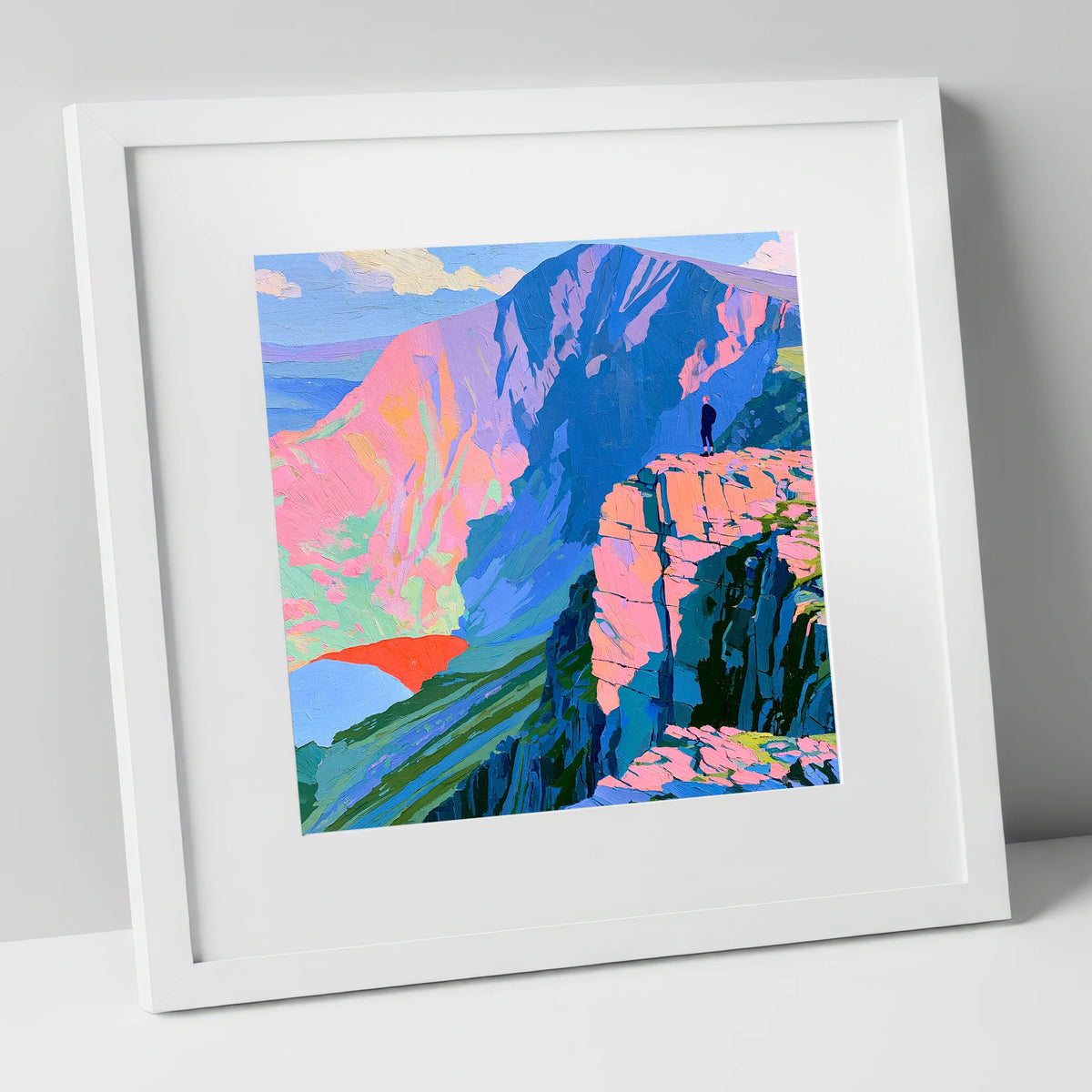 Helvellyn Walker in Vibrant Colour lake district fell art print in white frame