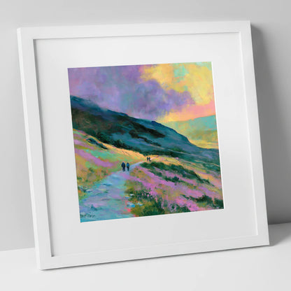 Walkers on Pastel Mountain Path lake district walking art print in white frame