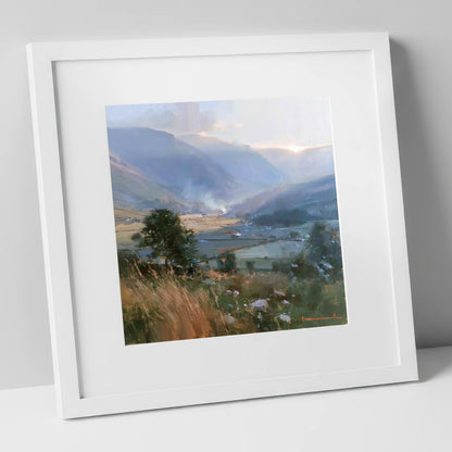 Hazy Sunlight Over Dale Fields lake district valley art print in white frame