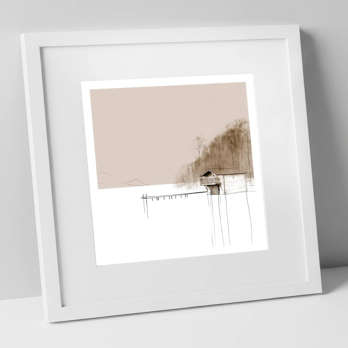 Pooley Bridge Boathouse in Taupe lake district village art print in white frame