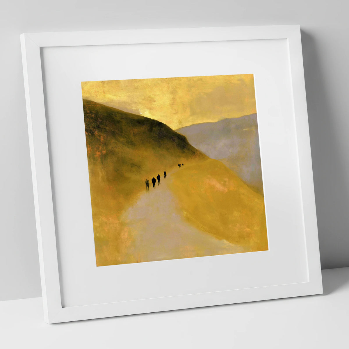 Walkers on a Golden Fell Path lake district walking art print in white frame