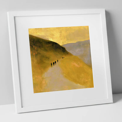 Walkers on a Golden Fell Path lake district walking art print in white frame