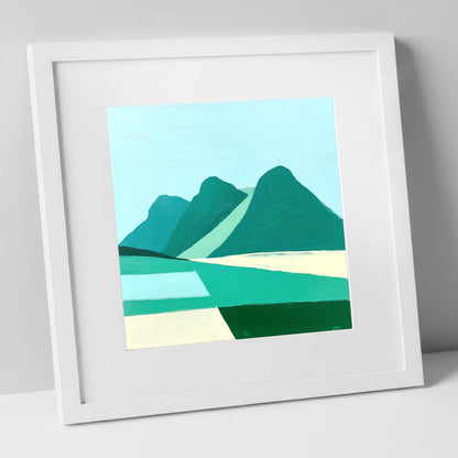 Geometric Langdale Pikes in Teal lake district fell art print in white frame