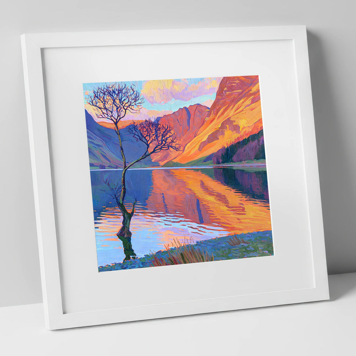 Vibrant Lone Tree at Buttermere lake district lake art print in white frame