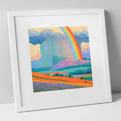 Lakeland Cottage Beneath Vivid Rainbow lake district sky art print in white frame