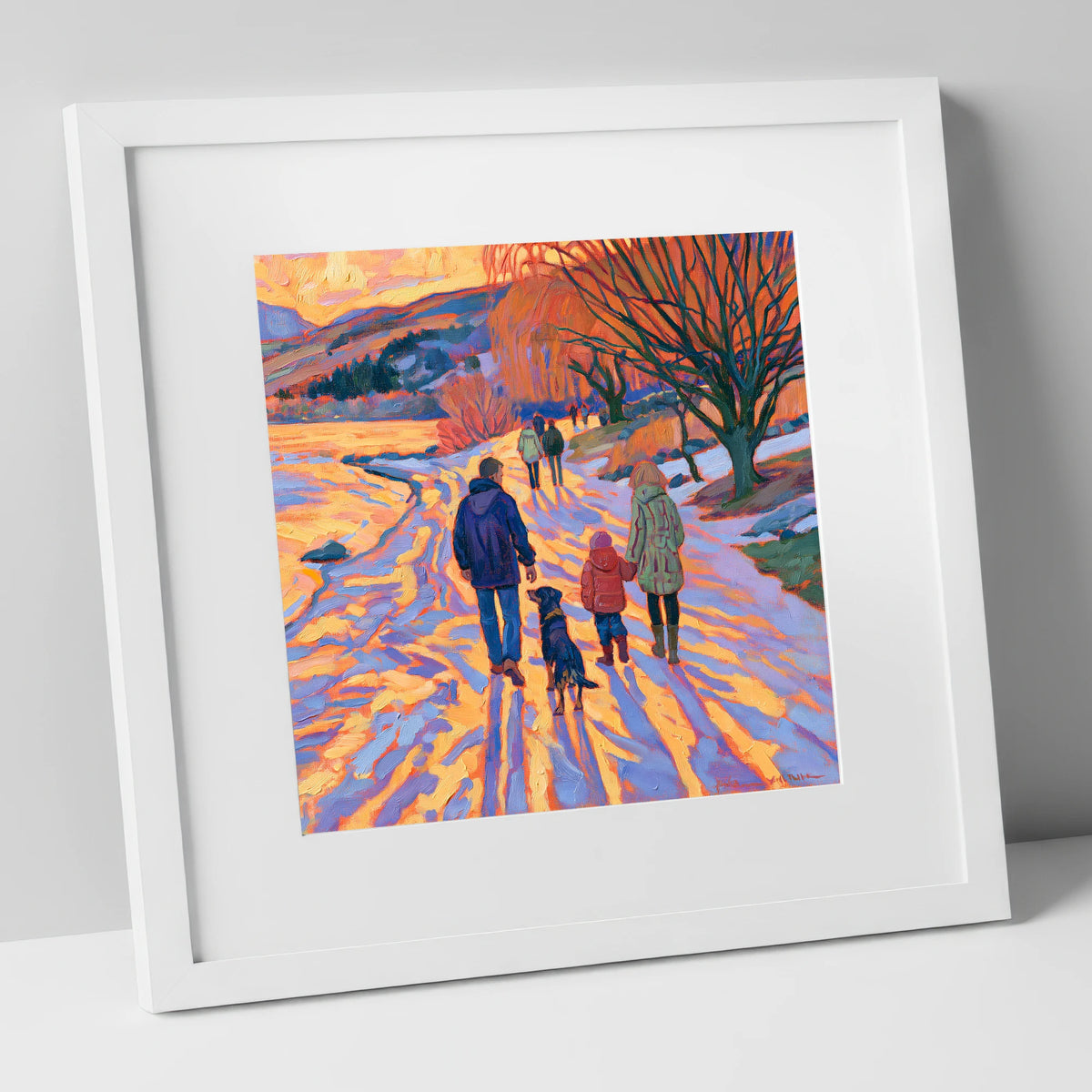 Sunset Dog Walk at Keswick gifts for dog walkers art print in white frame