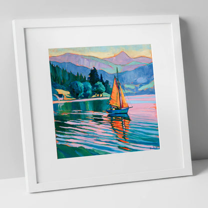 Orange Sails Below the Fells lake district walking art print in white frame