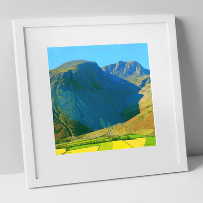 Sunlit Scafell Peaks and Ravine lake district fell art print in white frame