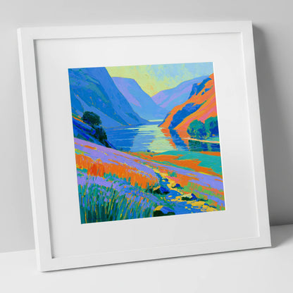 Vibrant Lake and Steep Fells lake district lake art print in white frame